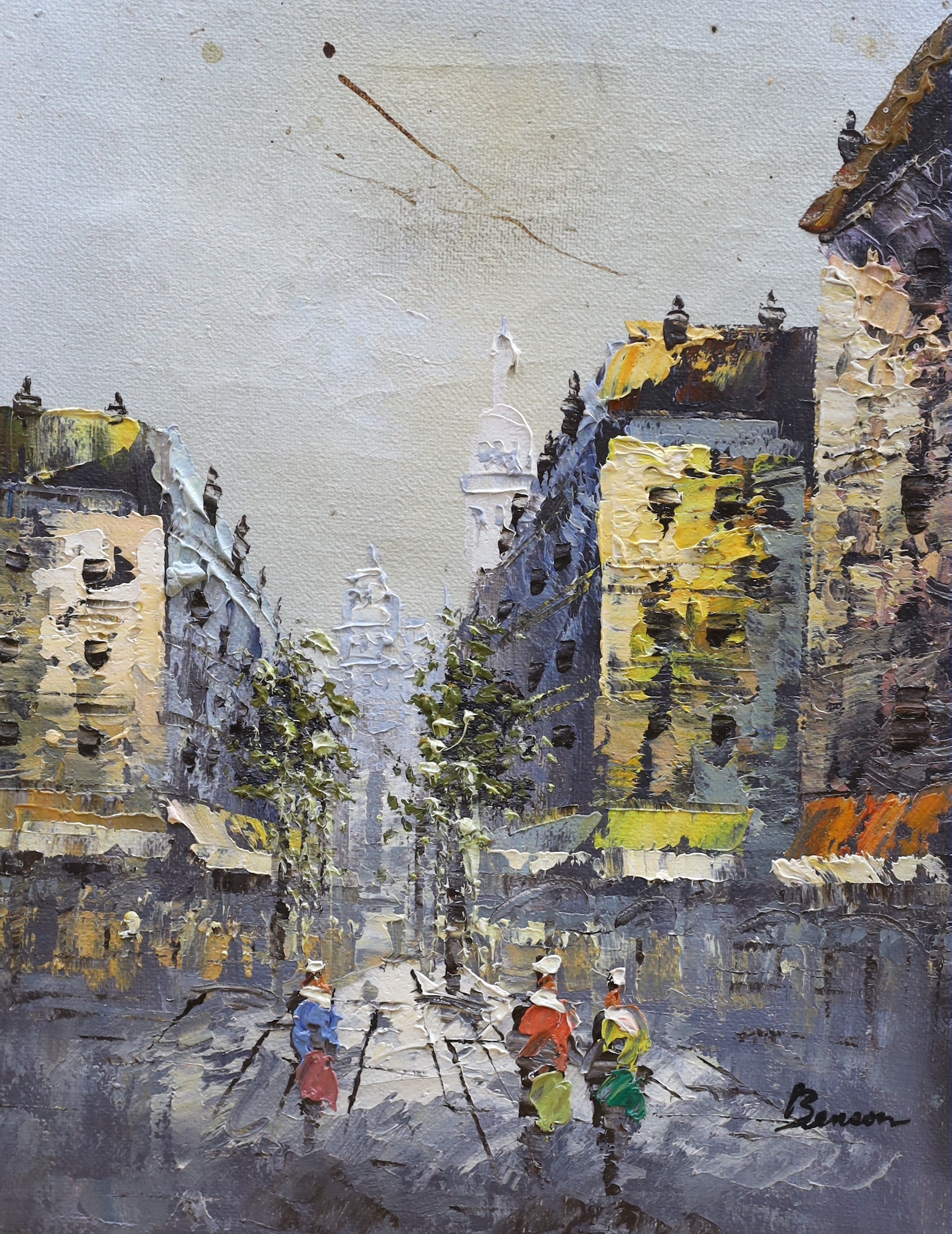 Three Paris Street Art oils on canvas, 'Moulin Rouge' and other street scenes, signed by Benson & Davis, 25 x 20cm and 20 x 25cm, unframed